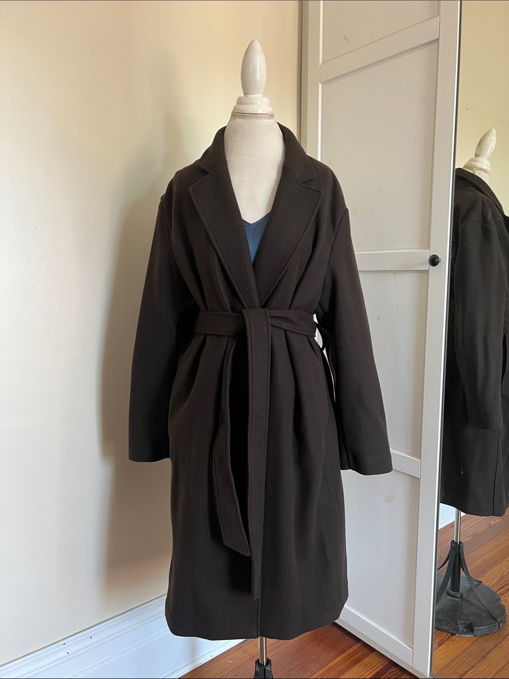 H&M Dark Espresso Brown Belted Classic Wrap Coat Long Trench Jacket Large